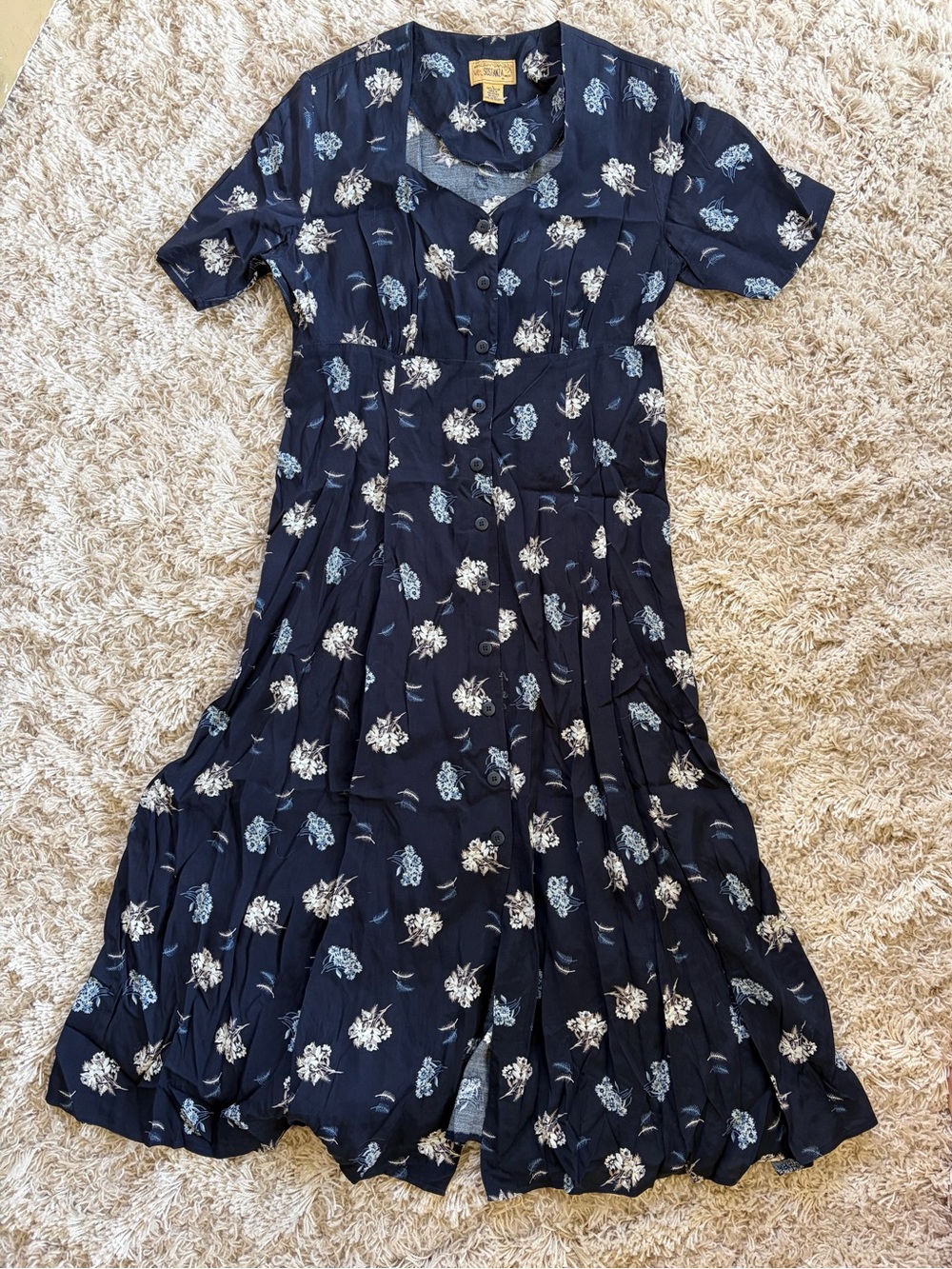 Vintage Navy Floral Button-Front Midi Dress